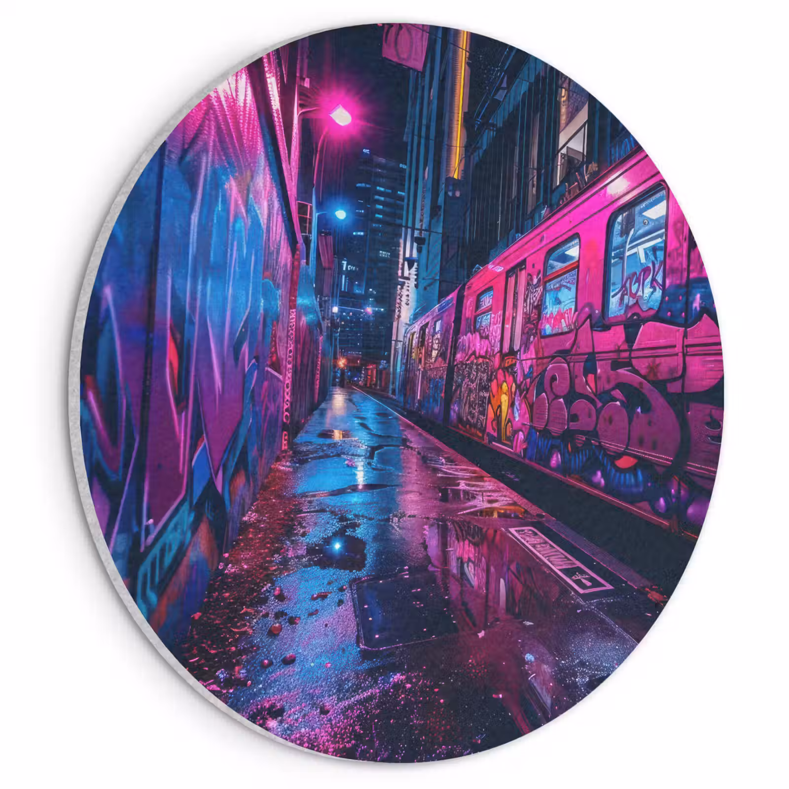 Akoestisch schilderij rond - Stad - Neon - Nacht - Roze - Graffiti — 1