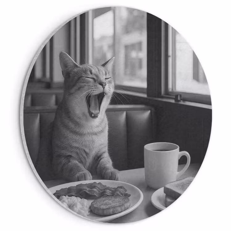 Akoestisch schilderij rond - Kat - Koffie - Brood - Zwart — 1