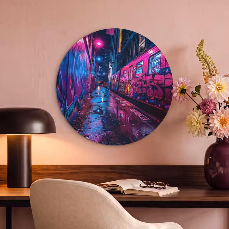 Akoestisch schilderij rond - Stad - Neon - Nacht - Roze - Graffiti — 2