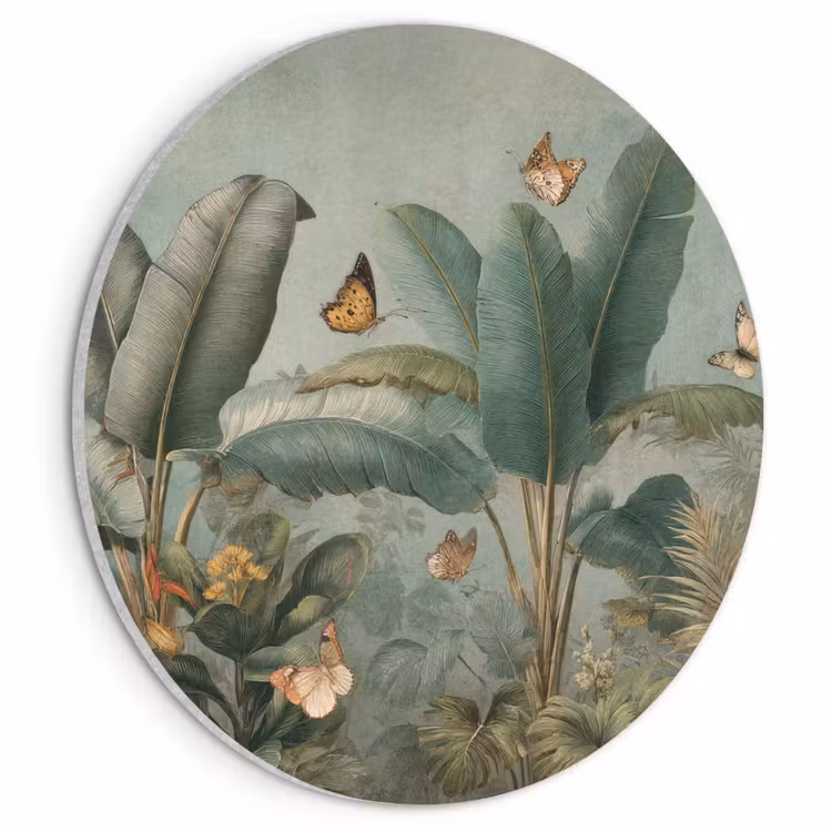 Akoestisch schilderij rond - Tropisch bladerdek - Vlinders - groen - Bruin — 1