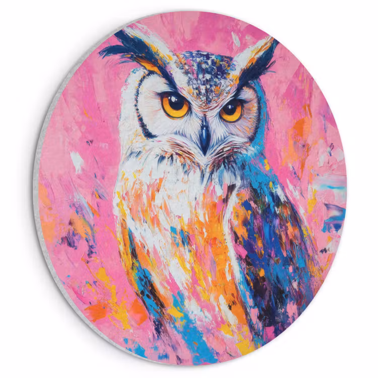 Akoestisch schilderij rond - Uil - Roze - Blauw - Verf - Abstract — 1