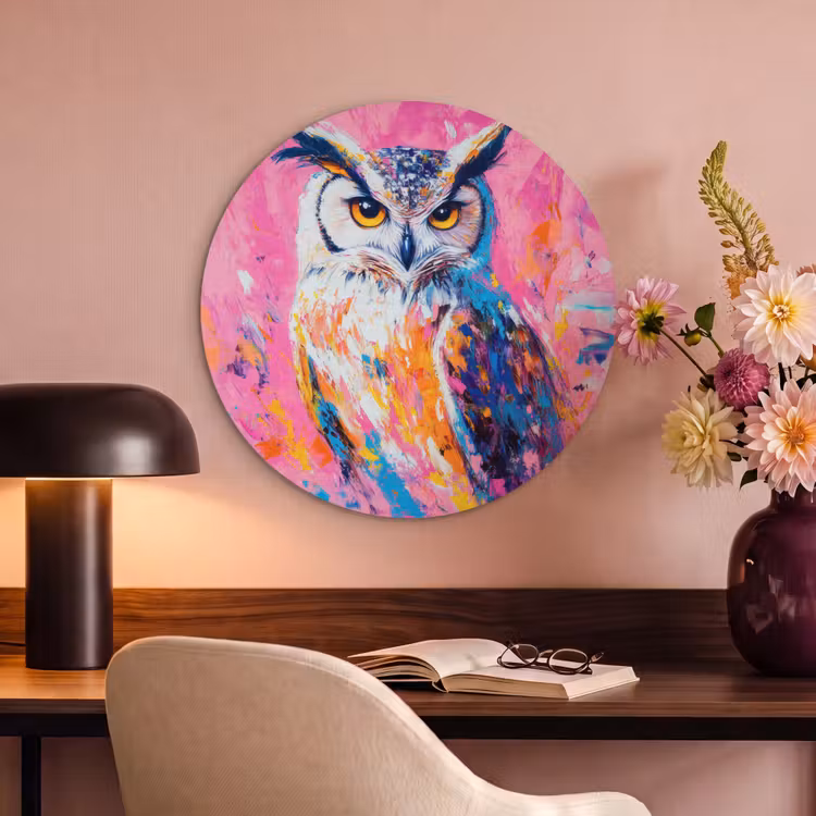 Akoestisch schilderij rond - Uil - Roze - Blauw - Verf - Abstract — 2