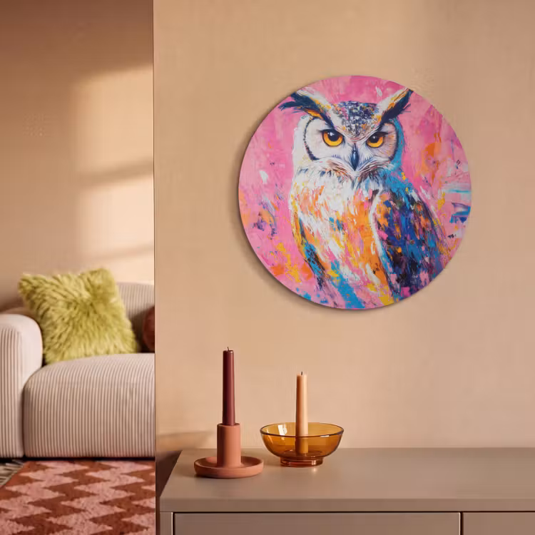 Akoestisch schilderij rond - Uil - Roze - Blauw - Verf - Abstract — 3