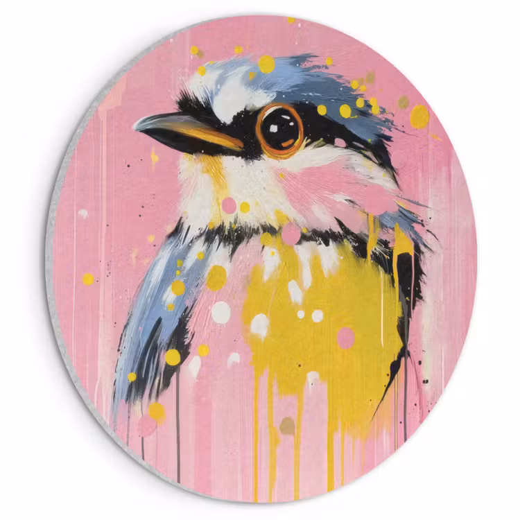 Akoestisch schilderij rond - Vogel - Roze - Geel - Blauw — 1