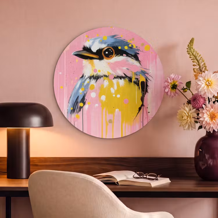 Akoestisch schilderij rond - Vogel - Roze - Geel - Blauw — 2