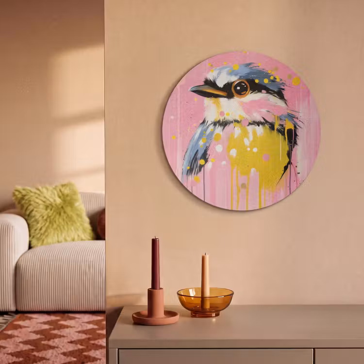 Akoestisch schilderij rond - Vogel - Roze - Geel - Blauw — 3
