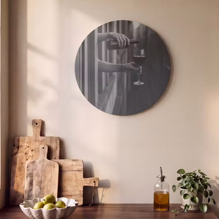 Akoestisch schilderij rond - Wijnfles - Glas - Handen - Raam — 4