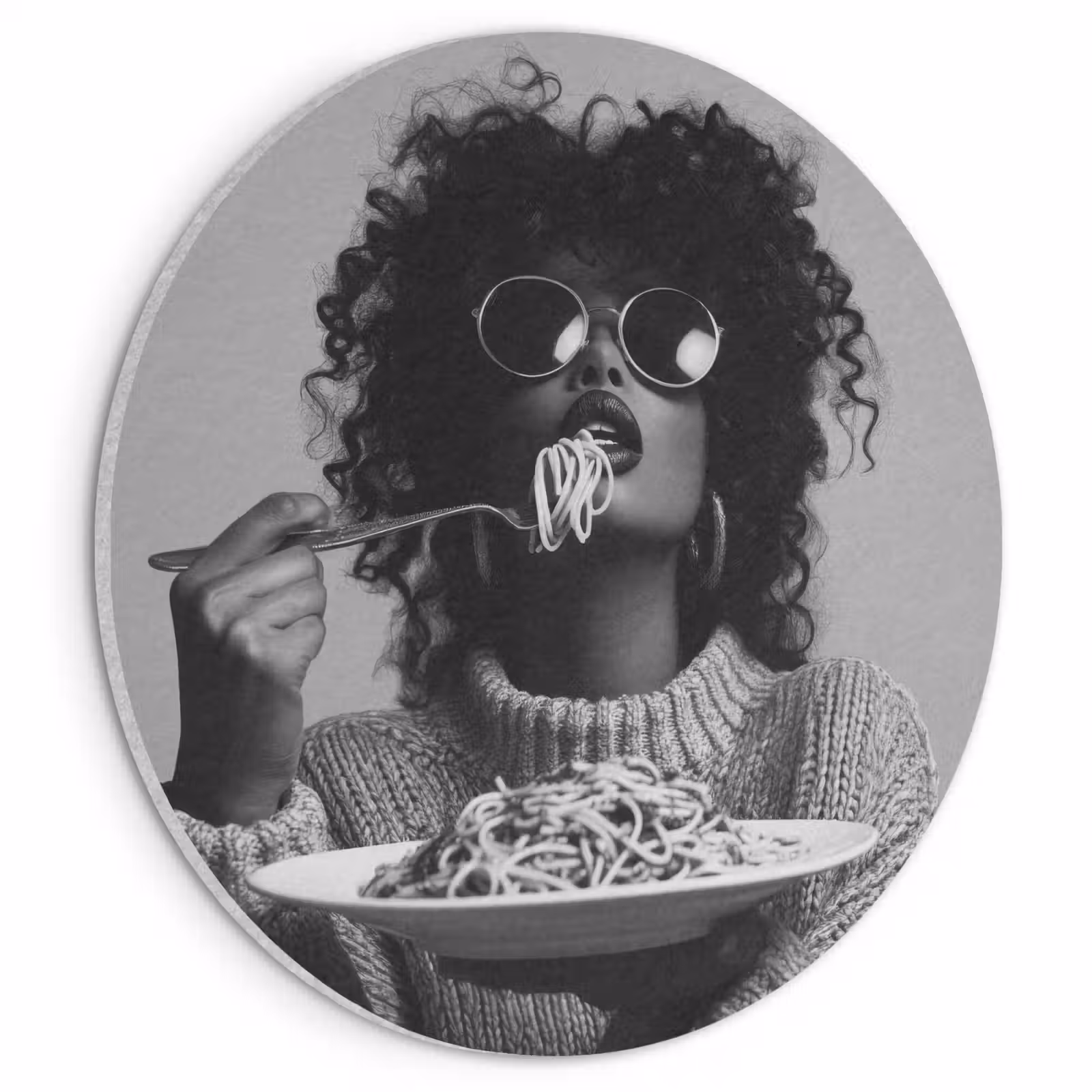 Akoestisch schilderij rond - Vrouw - Pasta - Zwart - Wit — 1
