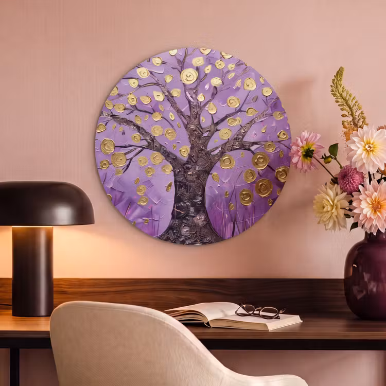 Akoestisch schilderij rond - Levensboom - Boom - Paars - Goud - Modern — 2