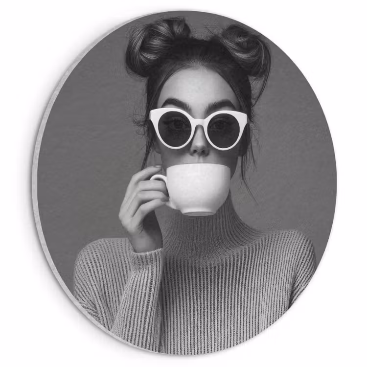 Akoestisch schilderij rond - Vrouw - Koffie - Zwart - Wit — 1