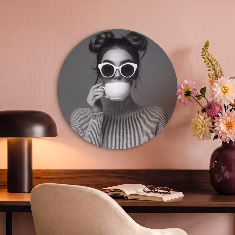 Akoestisch schilderij rond - Vrouw - Koffie - Zwart - Wit — 2
