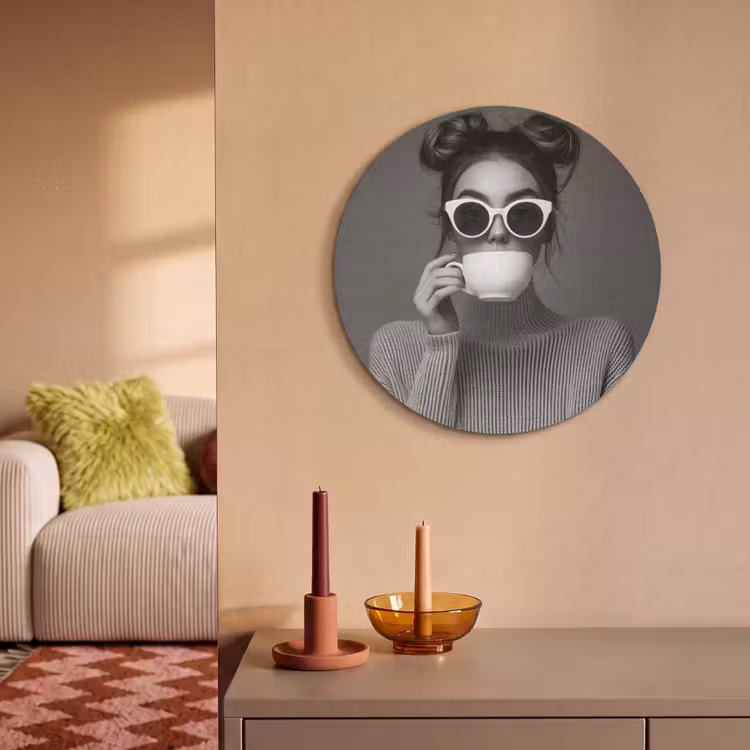 Akoestisch schilderij rond - Vrouw - Koffie - Zwart - Wit — 3
