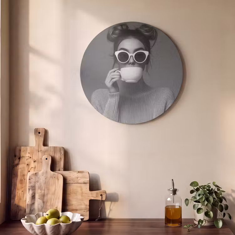 Akoestisch schilderij rond - Vrouw - Koffie - Zwart - Wit — 4