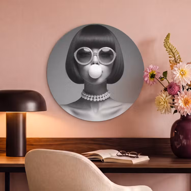 Akoestisch schilderij rond - Vrouw - Zwart Wit - Ketting - Zonnebril — 2