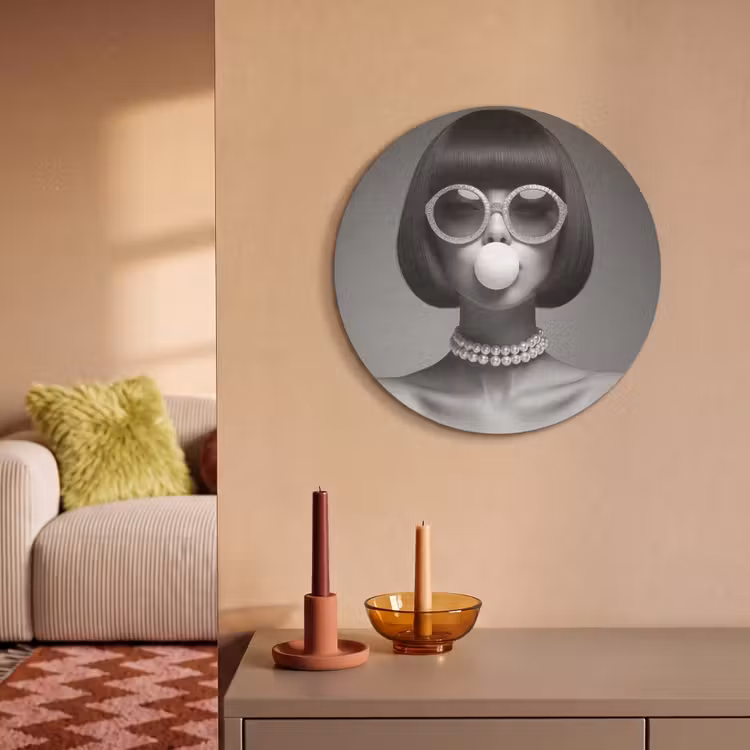 Akoestisch schilderij rond - Vrouw - Zwart Wit - Ketting - Zonnebril — 3
