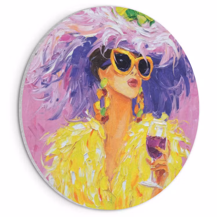 Akoestisch schilderij rond - Zonnebril - Vrouw - Jas - Veren — 1