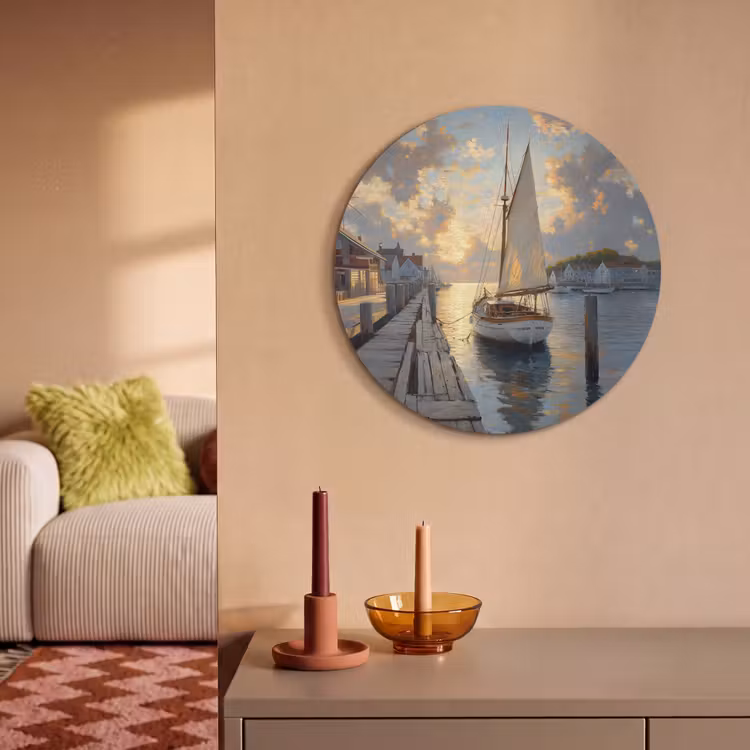 Akoestisch schilderij rond - Zeilboot - Zon - Pier - Hout — 3