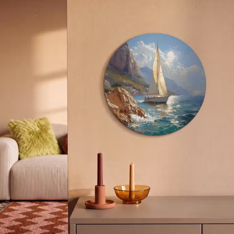 Akoestisch schilderij rond - Zeilschip - Zee - Rotsen - Wolken — 3