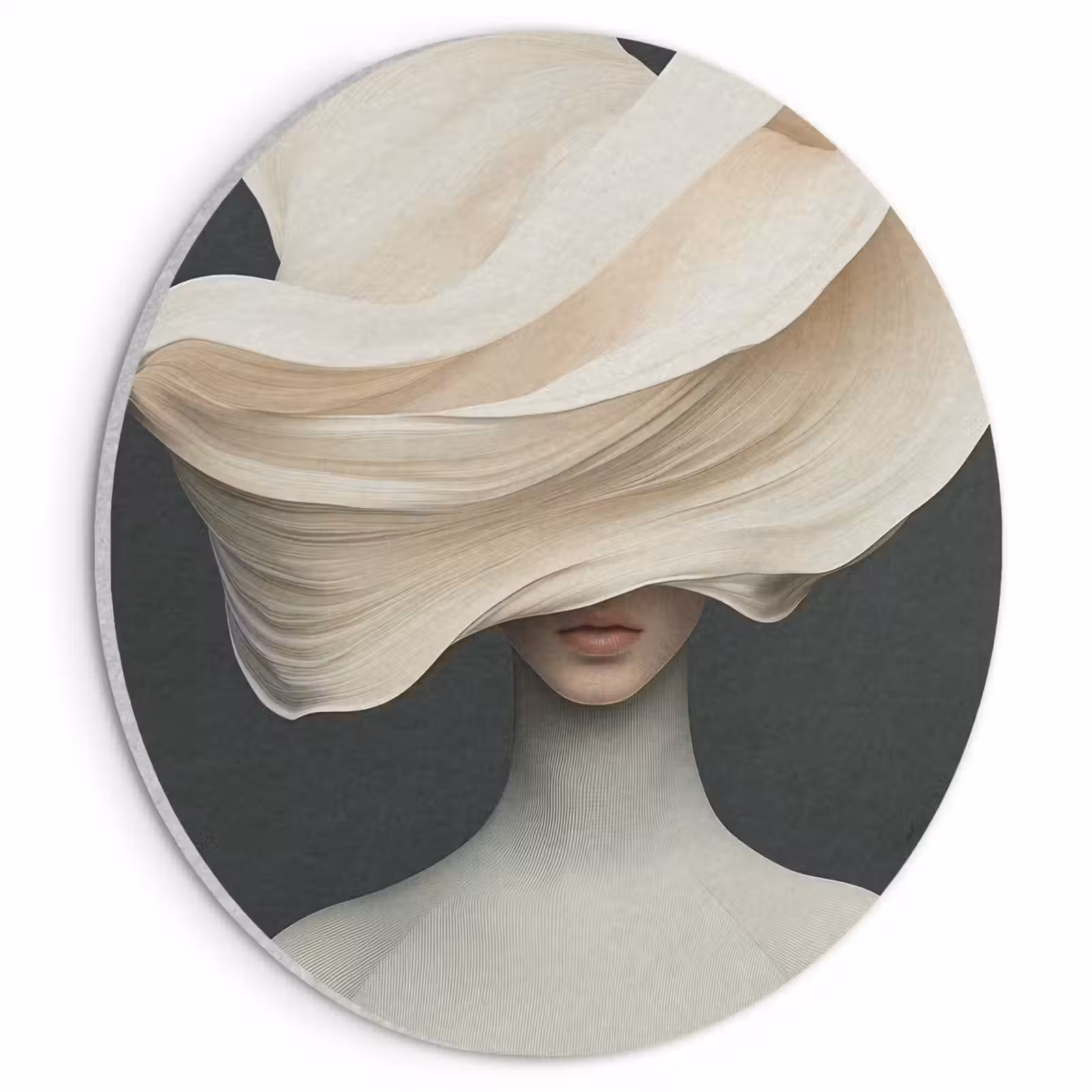 Akoestisch schilderij rond - Vrouw - Beige - hoed — 1