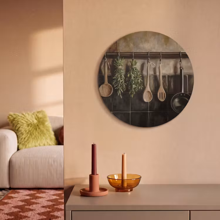 Akoestisch schilderij rond - Keukengerei - Rustiek - Tegels - Kruiden — 3