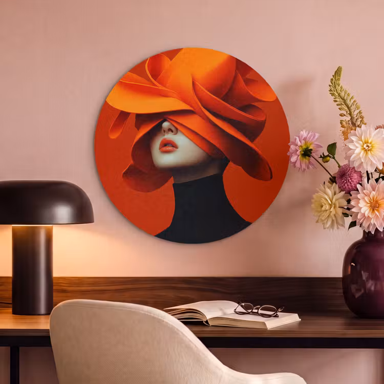Akoestisch schilderij rond - Oranje - Hoed - Vrouw — 2