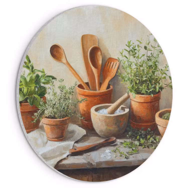 Akoestisch schilderij rond - Potten - Kruiden - Hout — 1