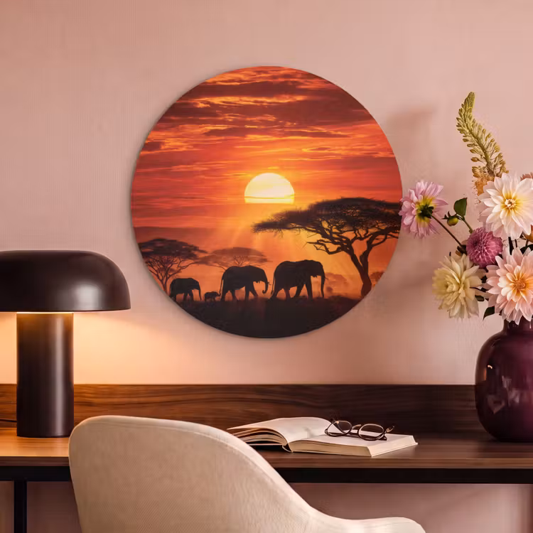 Akoestisch schilderij rond - Savanne - Olifanten - Zonsondergang — 2