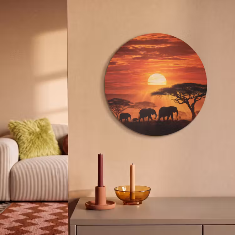 Akoestisch schilderij rond - Savanne - Olifanten - Zonsondergang — 3