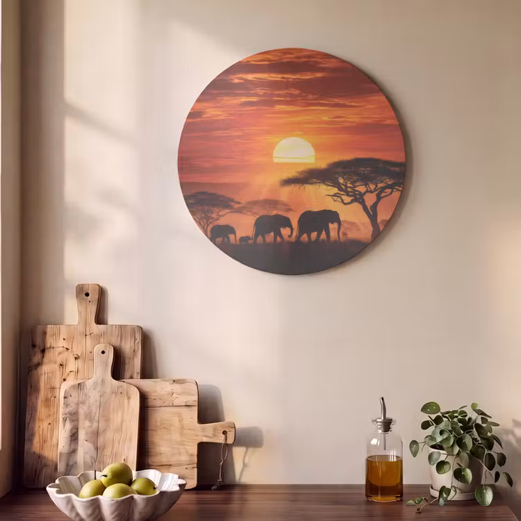 Akoestisch schilderij rond - Savanne - Olifanten - Zonsondergang — 4