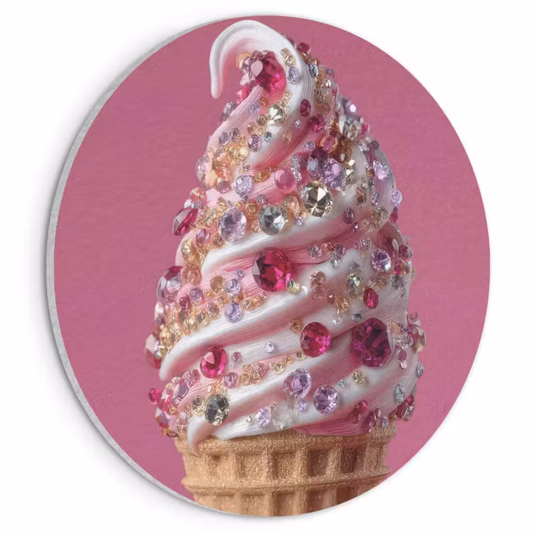 Akoestisch schilderij rond - Softijs - Edelstenen - Roze - Hoorntje — 1