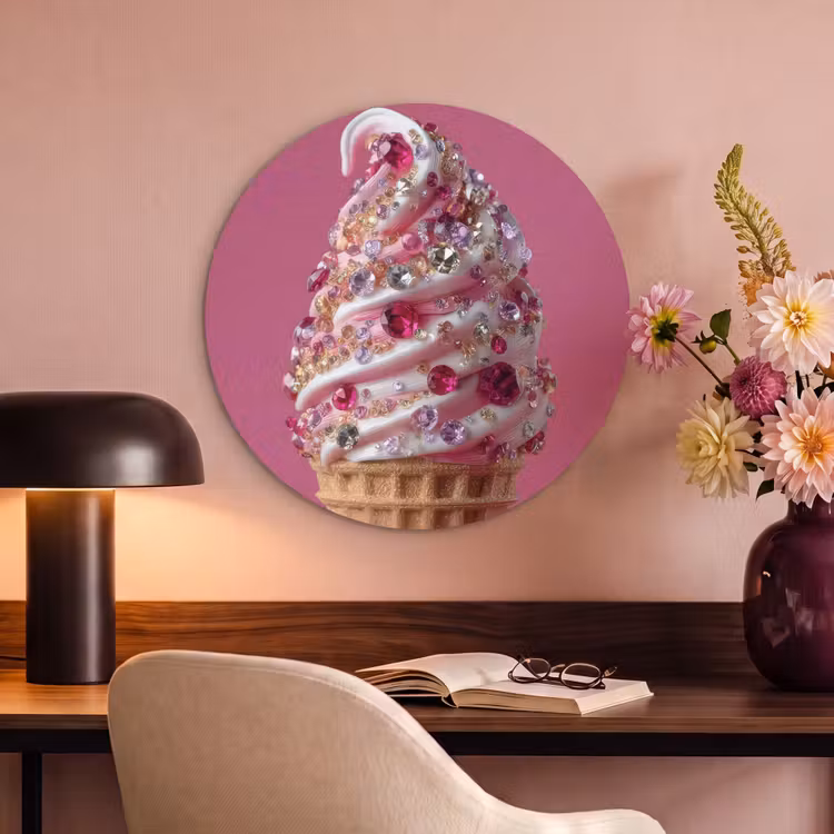 Akoestisch schilderij rond - Softijs - Edelstenen - Roze - Hoorntje — 2