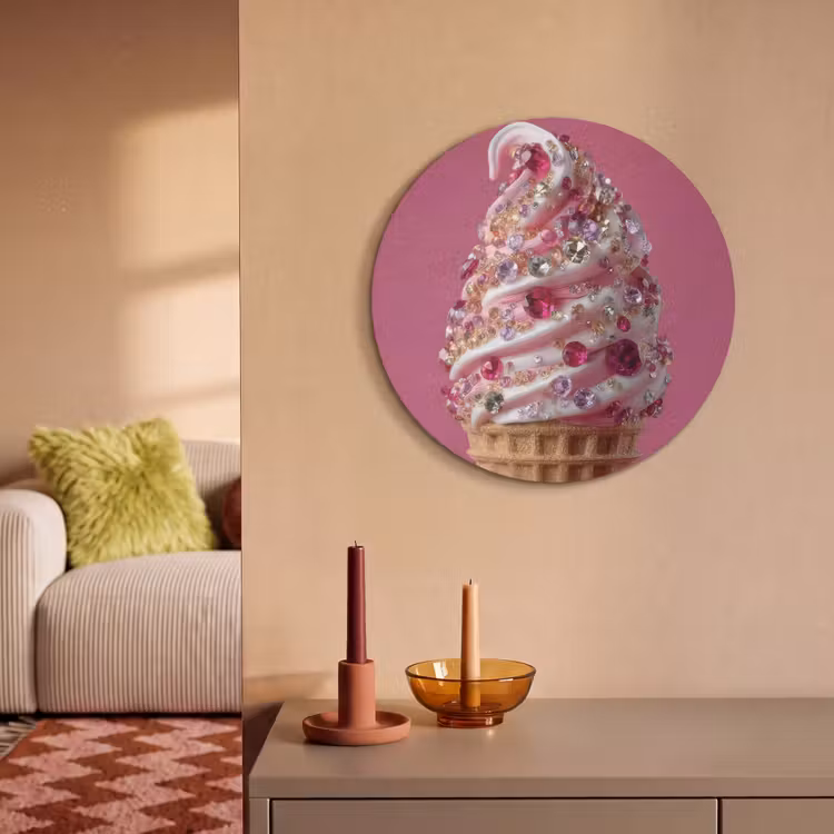 Akoestisch schilderij rond - Softijs - Edelstenen - Roze - Hoorntje — 3