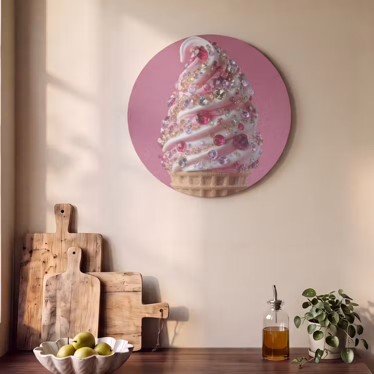 Akoestisch schilderij rond - Softijs - Edelstenen - Roze - Hoorntje — 4