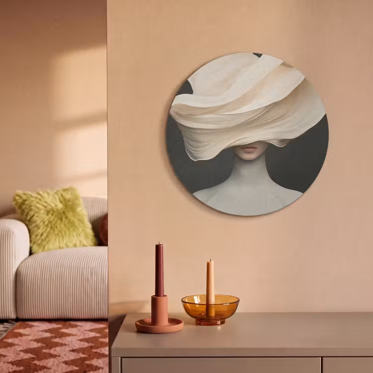 Akoestisch schilderij rond - Vrouw - Beige - hoed — 3