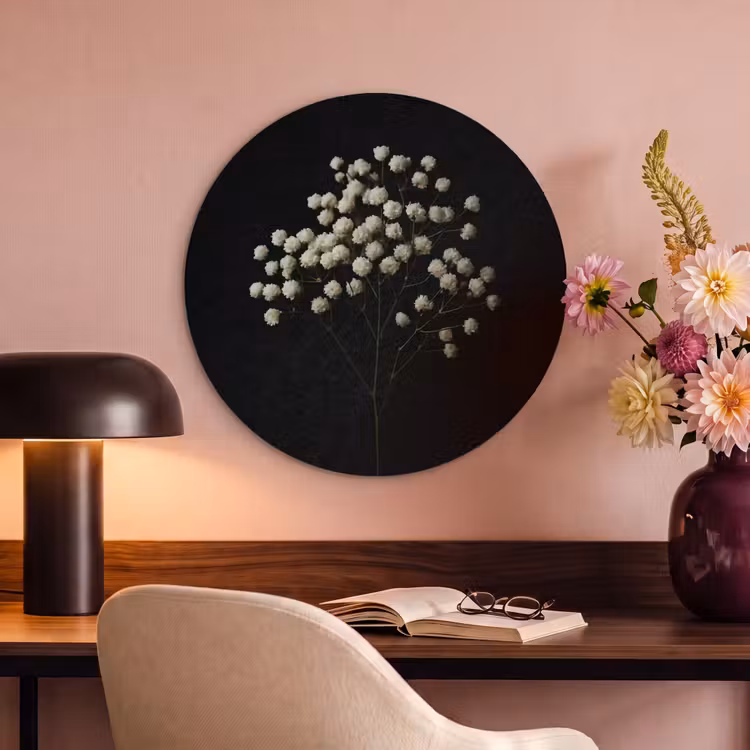 Akoestisch schilderij rond - Gipskruid - Bloemetjes - Wit - Minimalistisch — 2