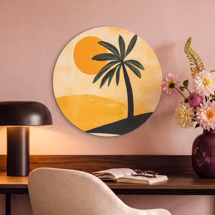 Akoestisch schilderij rond - Illustratie - Palmboom - Zon - Heuvels — 2