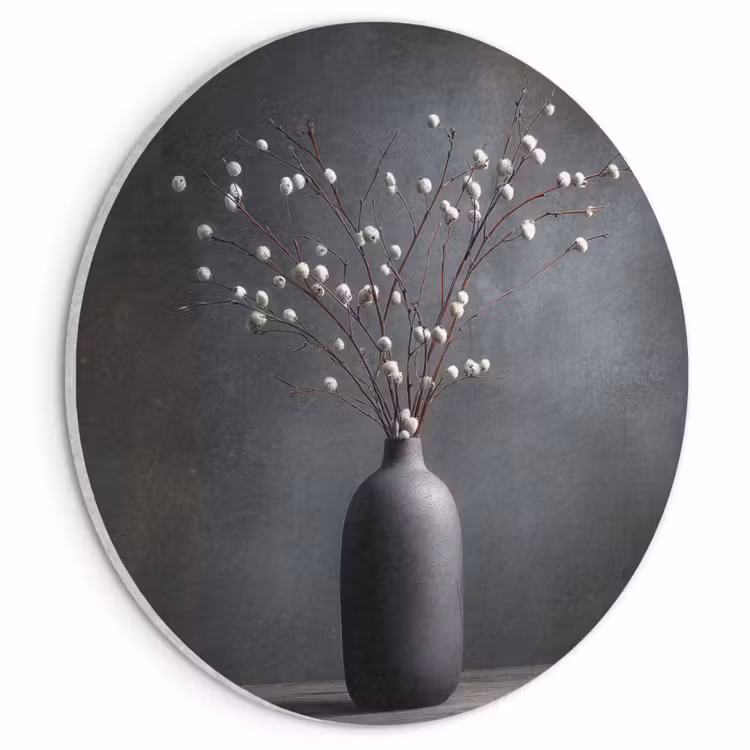 Akoestisch schilderij rond - Takken - Vaas - Bolletjes - Wit — 1