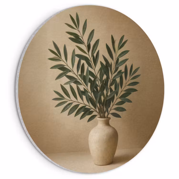 Akoestisch schilderij rond - Vaas - Olijftakken - Bladeren - Beige — 1