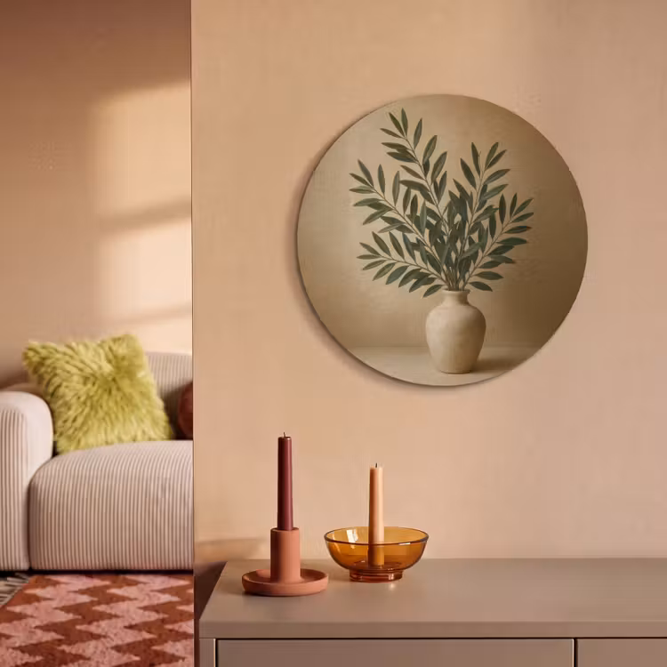 Akoestisch schilderij rond - Vaas - Olijftakken - Bladeren - Beige — 3
