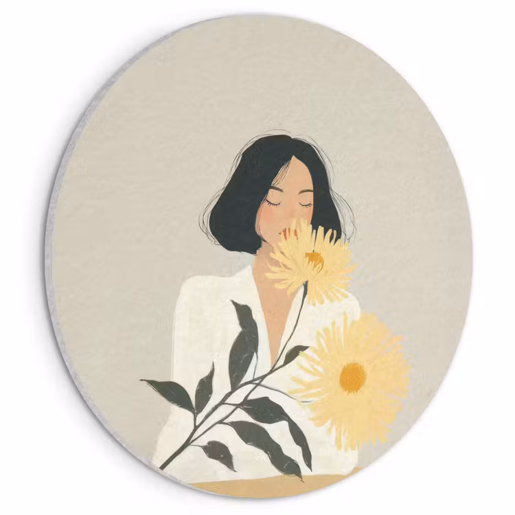 Akoestisch schilderij rond - Vrouw - Bloem - Geel - Minimalistisch — 1