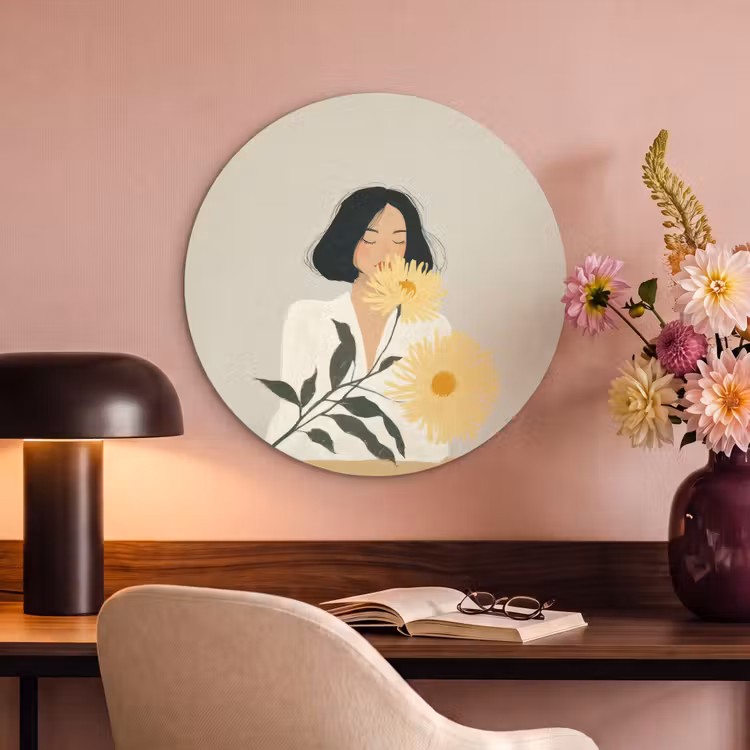 Akoestisch schilderij rond - Vrouw - Bloem - Geel - Minimalistisch — 2