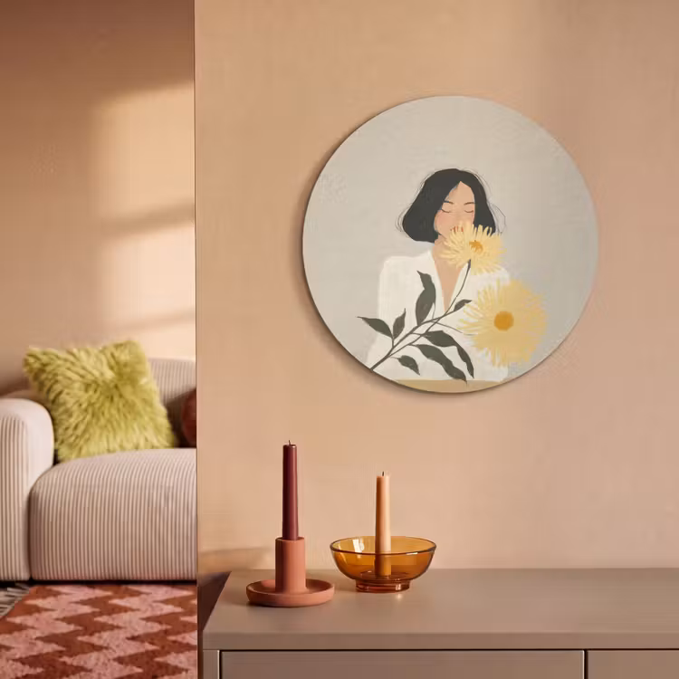 Akoestisch schilderij rond - Vrouw - Bloem - Geel - Minimalistisch — 3