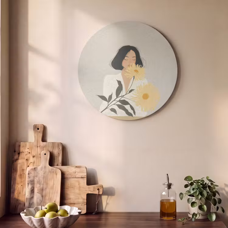 Akoestisch schilderij rond - Vrouw - Bloem - Geel - Minimalistisch — 4