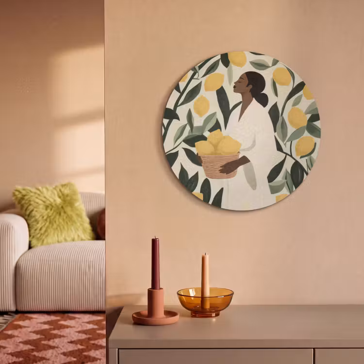 Akoestisch schilderij rond - Vrouw - Mand - Citroenen - Bladeren — 3