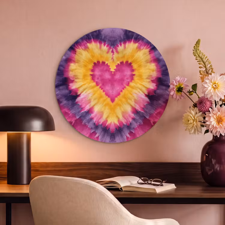 Akoestisch schilderij rond - Tie dye - Hartvorm - Vlammen - Oranje — 2