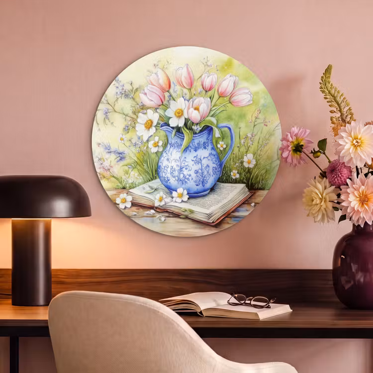 Akoestisch schilderij rond - Vaas - Delftsblauw - Madeliefjes — 2