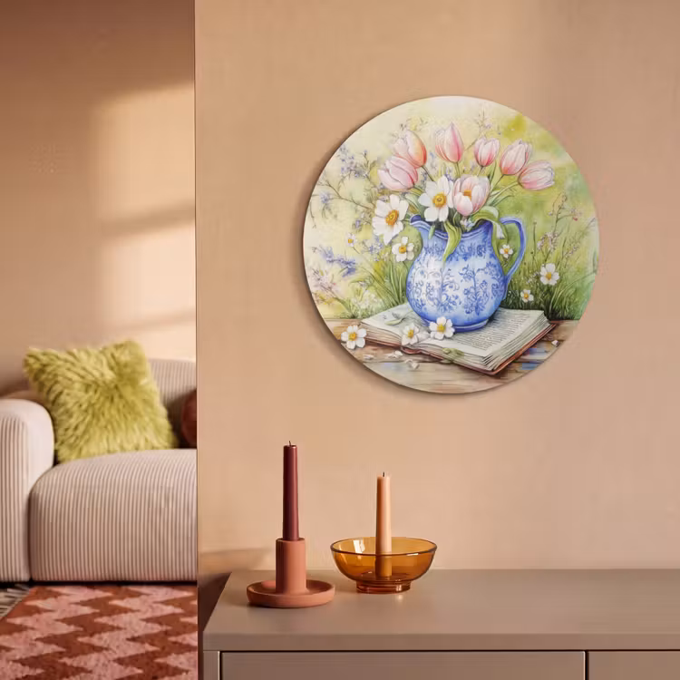 Akoestisch schilderij rond - Vaas - Delftsblauw - Madeliefjes — 3