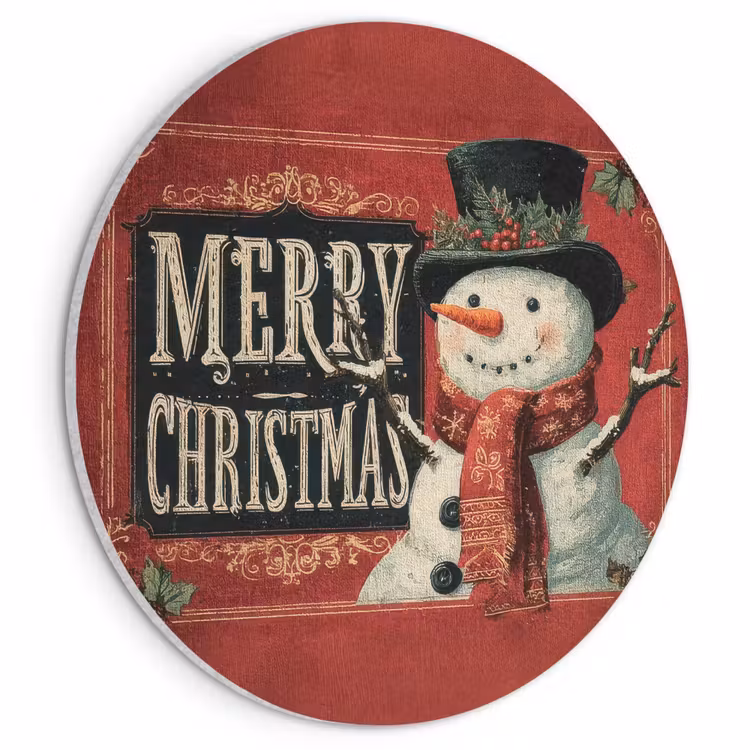 Akoestisch schilderij rond - Klassiek - Kerstgroet - Sneeuwpop - Rood — 1