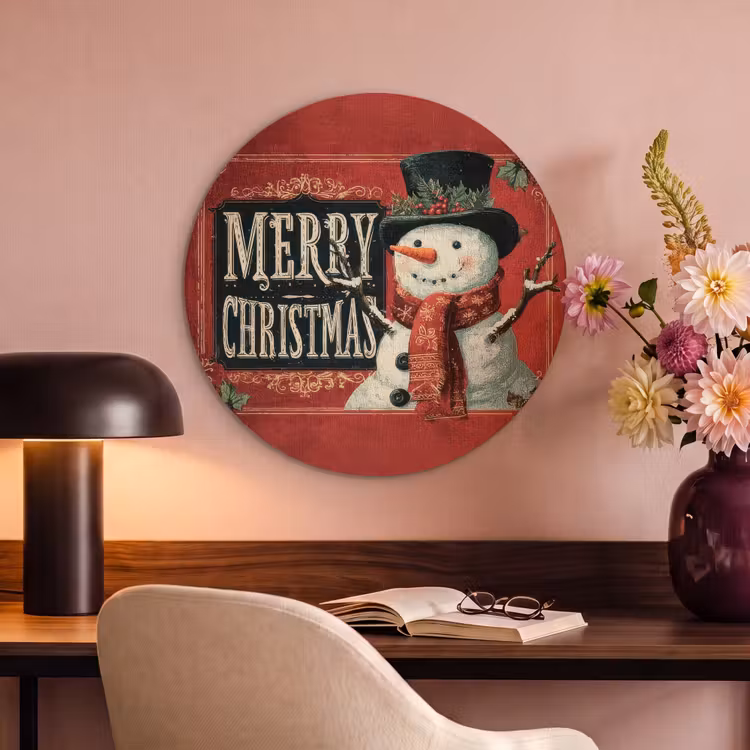 Akoestisch schilderij rond - Klassiek - Kerstgroet - Sneeuwpop - Rood — 2
