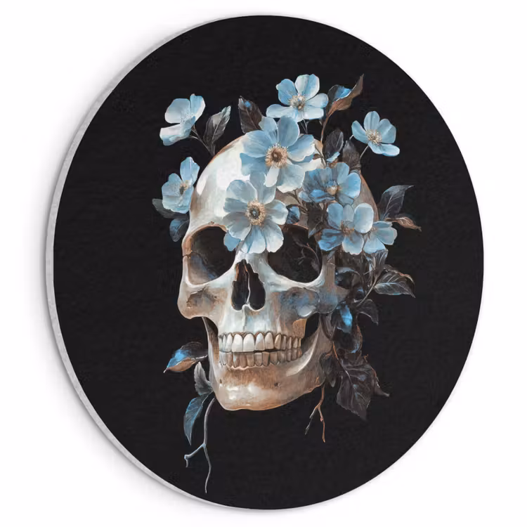 Akoestisch schilderij rond - Schedel - Blauw - Bloemen - Bladeren — 1